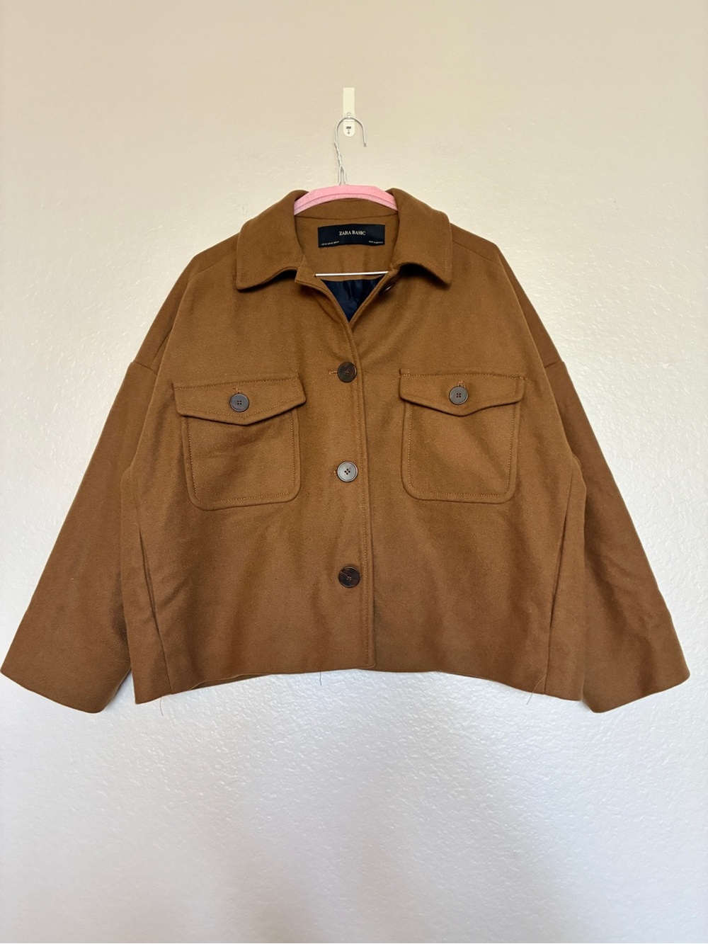 Zara Basic Chest-Pocket Boxy Pea Coat Camel 80% Wool Cozy Autumn Winter Buttons